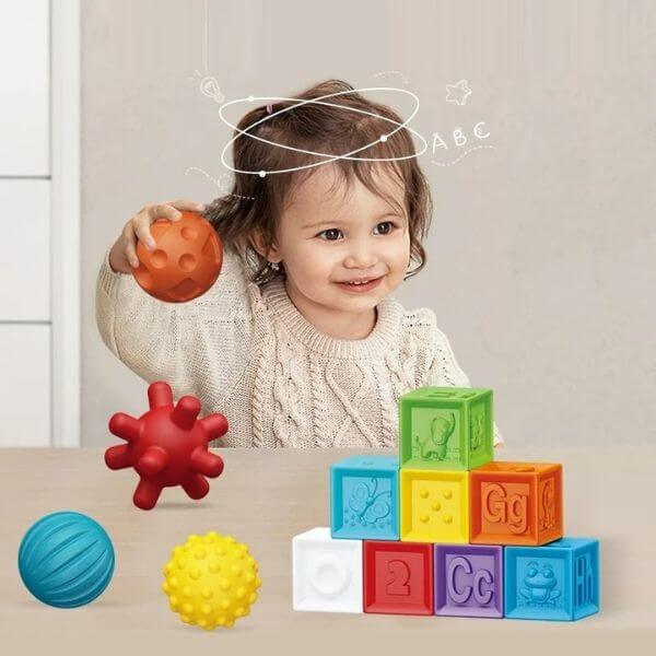 16pcs Puzzle Sensory Soft and Textured Rubber Balls and Blocks Set For Kids