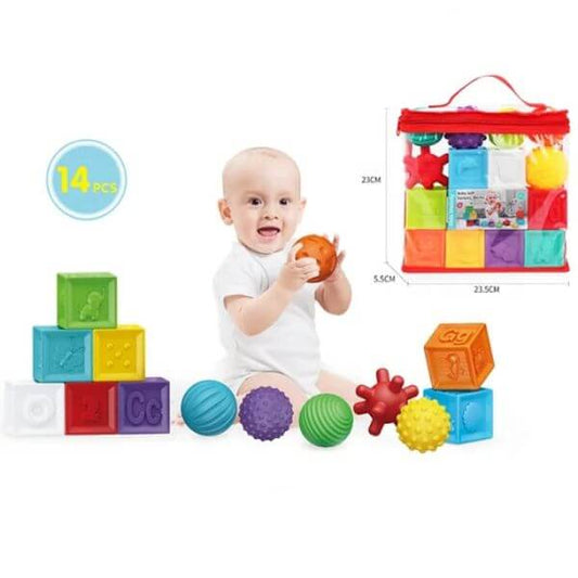16pcs Puzzle Sensory Soft and Textured Rubber Balls and Blocks Set For Kids